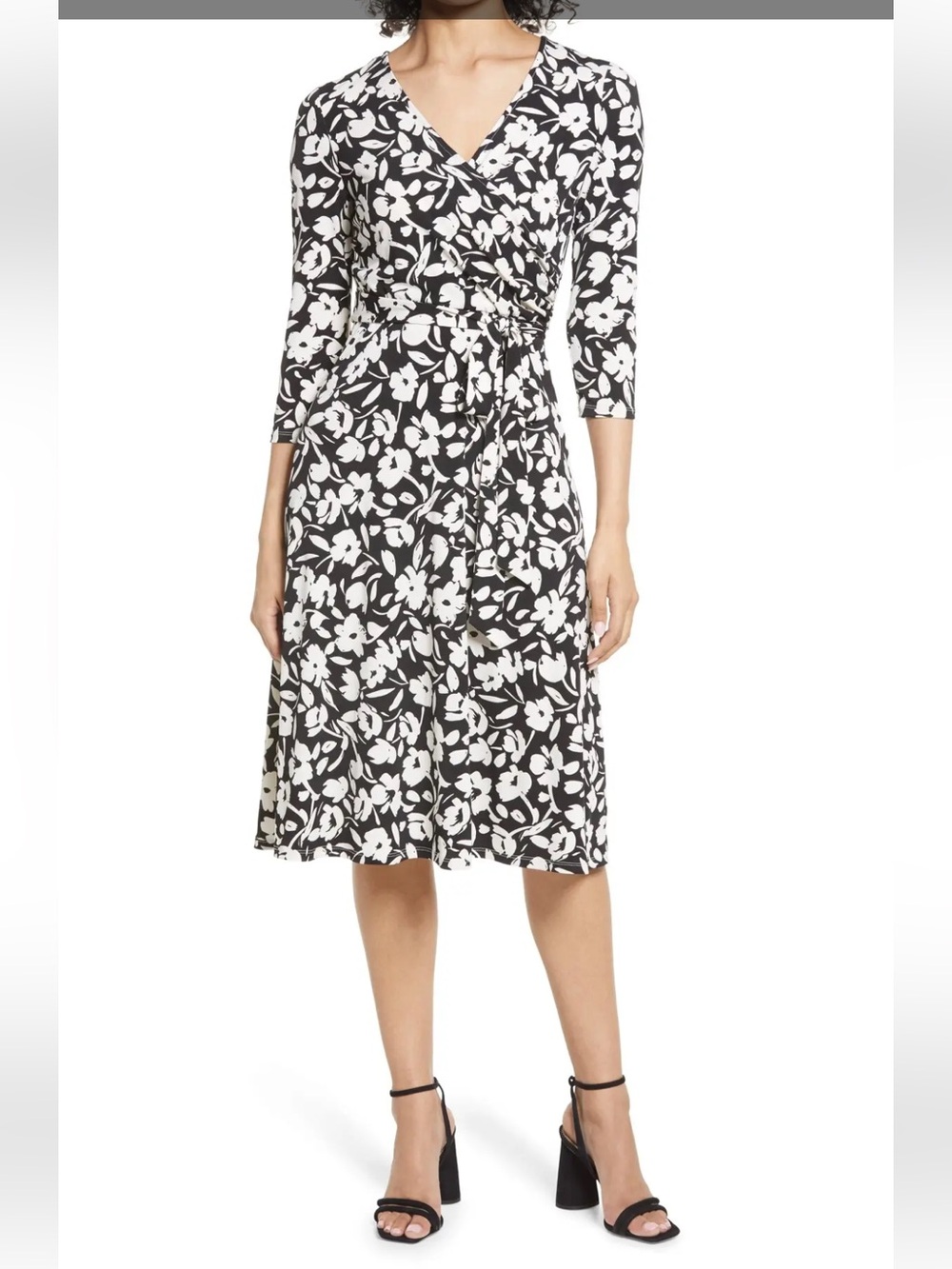 Eliza J Black and Cream Faux Wrap Crepe Midi Dress - Size 2